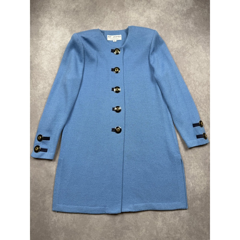 St John Collection Marie Gray S Blue Knit Cardigan Coat Gold Logo Button Santana
